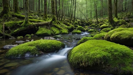 Obraz premium Green moss rock with forest stream, isolated image