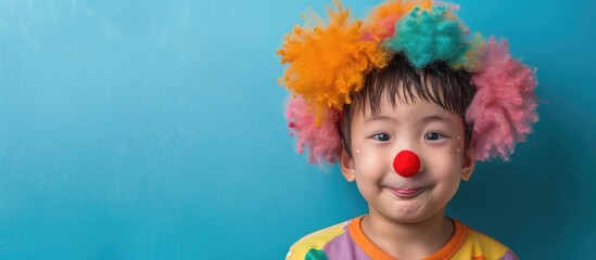 Fototapeta premium An adorable young Asian boy in a clown wig and nose standing out against a blue backdrop with ample copy space image