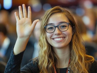 Young Woman Waving at the Camera, Posing for a Picture in a Conference Room