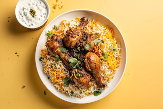Chiken bryani fried rice with chicken on orange background