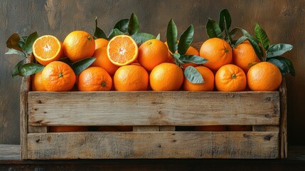 Wooden box of juicy oranges