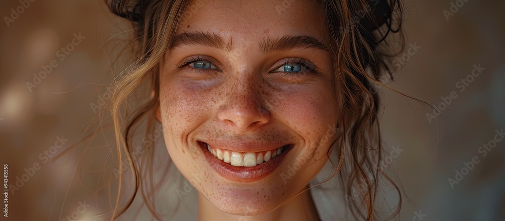 Canvas Prints A young woman with a happy smile in a portrait with a plain background embodying beauty and youth leaving room for additional image or text