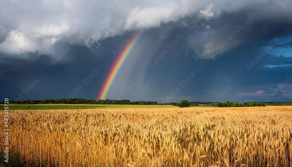 Sticker thunderstorm with rainbow and dramatic clouds over wheat field in summer