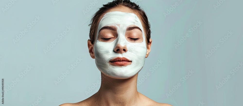 Poster a young woman with a facial mask poses against a plain background creating a serene image with copy 