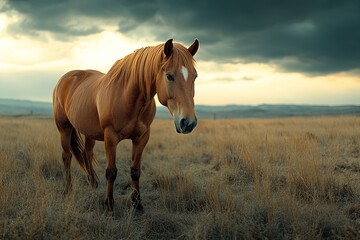 Obraz premium A lone horse grazing in a field, framed by the last light of day