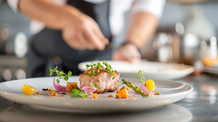 Naklejka premium Artfully arranged fresh pork on a stylish dish with vegetables and garnishes, set in a contemporary kitchen.