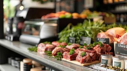 Obraz premium Fresh beef display at a high-end market with meticulously arranged cuts on a chilled counter and premium ingredients.