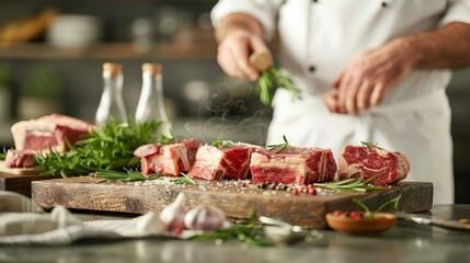 Fresh beef ribs on a modern butcher’s block with herbs and spices, illuminated by ambient lighting to enhance texture and marbling.
