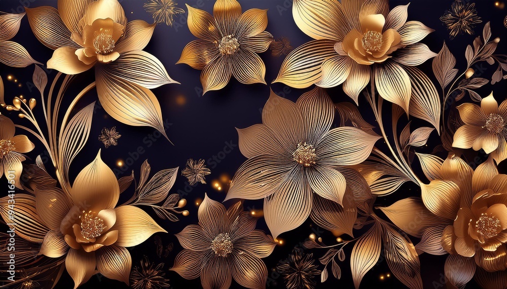 Sticker abstract golden floral background at night vintage card template with drawing flowers