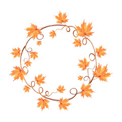 Obraz premium Autumn maple leaves and twigs wreath. Fall frame round for Harvest fest. Hand drawn watercolor illustration isolated. Natural background. Template with copy space for Thanksgiving, card, embroidery.