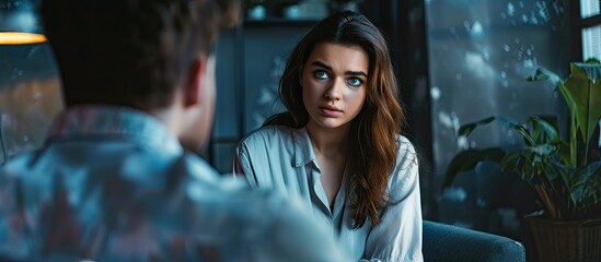Fototapeta premium The psychotherapist carefully observes the female client reflecting on her issues with a copy space image in mind