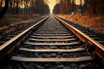 Fototapeta premium Railroad tracks disappear into the horizon, flanked by forest trees on a calm evening, symbolizing a journey or adventure ahead, captured in stunning warm light.