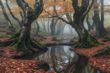 Misty autumn forest with moss-covered beech trees and a quiet stream