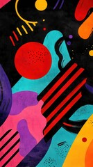 Brightly colored shapes and bold lines create a dynamic and playful poster suitable for artistic environments or events