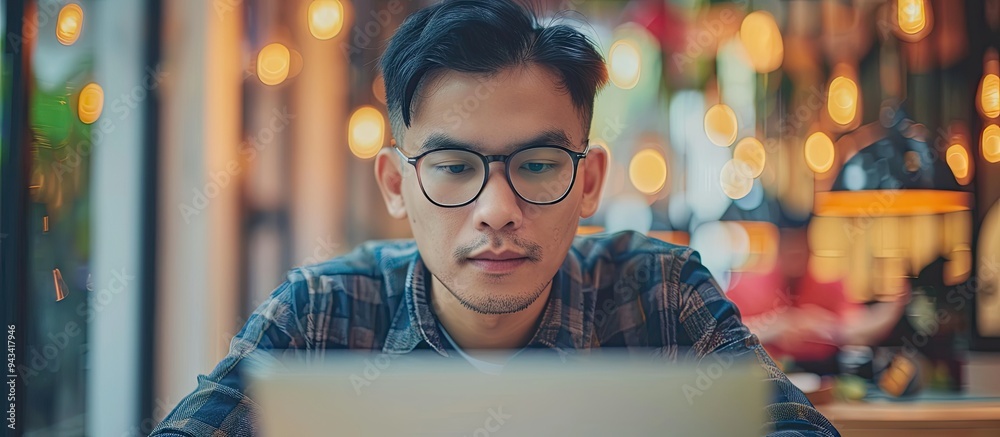 Poster Focused Southeast Asian man in glasses working online on laptop at a table browsing the web with concentration a serious expression with copy space image