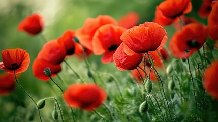 Bright red poppies in a green meadow, swaying gently in the summer breeze