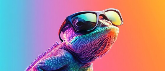 chameleon wearing sunglasses on a solid color background, vector art, digital art, faceted, minimal, abstract, panorama background