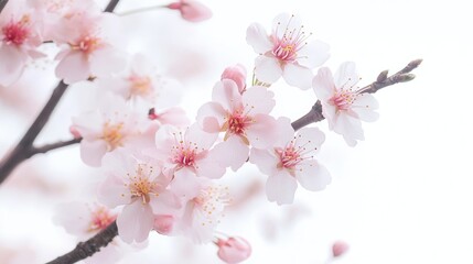 Obraz premium Close-up of a cherry blossom branch with delicate pink flowers against a clear sky