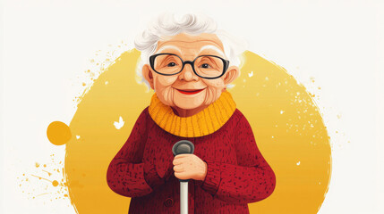 Happy senior woman holding walking stick smiling