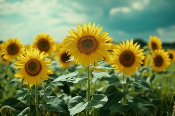 Fototapeta premium A patch of sunflowers in a rural field, with the flowers turning to follow the path of the sun
