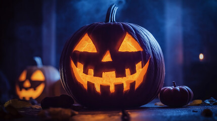 A glowing jack-o'-lantern with a sinister grin against a dark, smoky background.