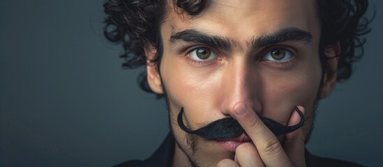 A young attractive man with a devious look planning sly tricks and betrayals all while sporting a unique mustache design in a copy space image