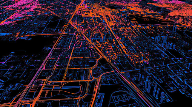 Technical aerial visual, 3D LiDAR GIS aerial map satellite scan model isolated, showing Brampton, Canada. Elevation, topography, render