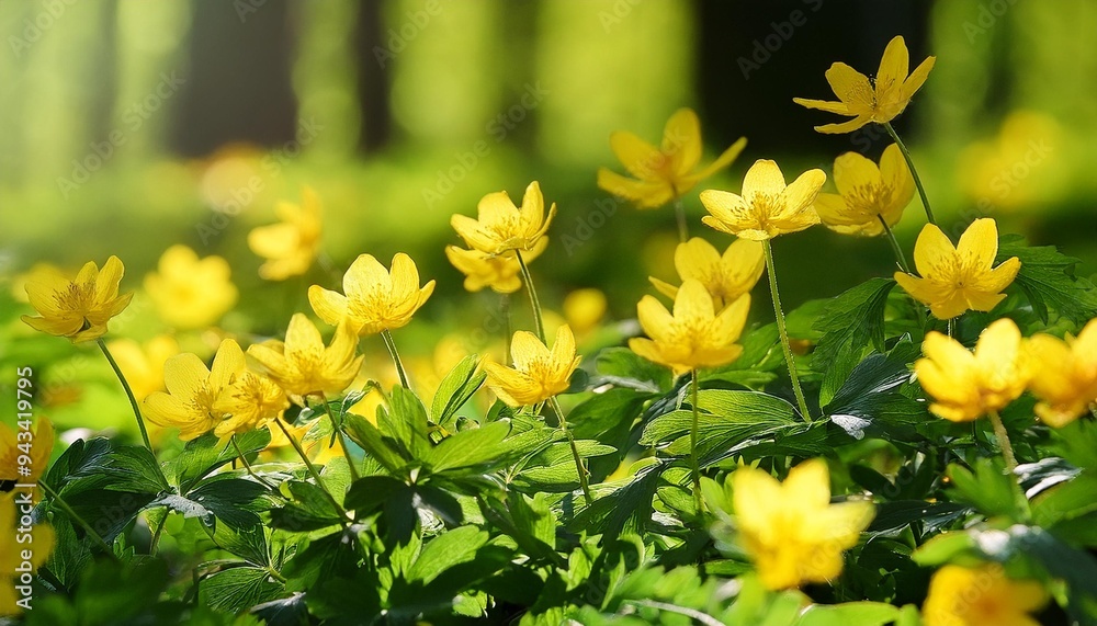 Sticker spring yellow flowers and green forest leafs background