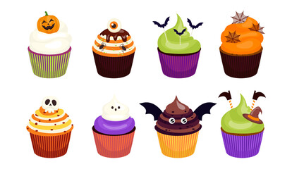Halloween Creepy Cupcakes Collection. Spooky cakes with pumpkin, eyeball, bat, spider web, skull, ghost designs