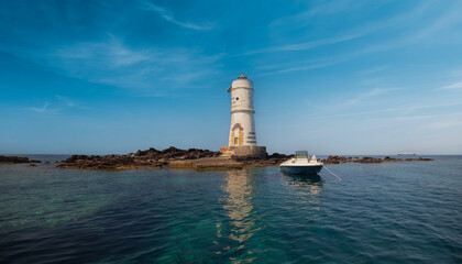 Fototapeta premium The lighthouse Mangiabarche white lighthouse in the middle of the Mediterranean