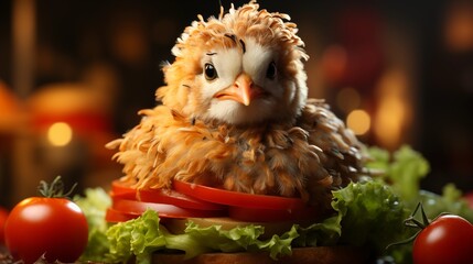 a chicken inside a burger bun with lettuce and tomato, highlighting a creative and playful food concept that combines farm animals with fast food.