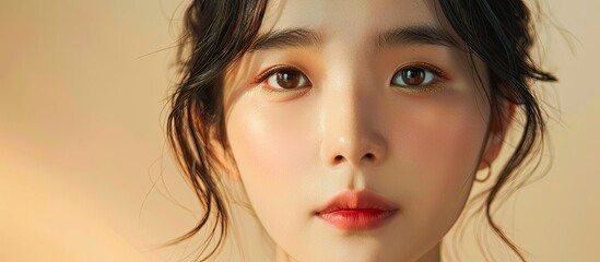 Fototapeta premium Portrait of a youthful Asian woman with flawless complexion and beauty products in a photograph with ample space for additional content