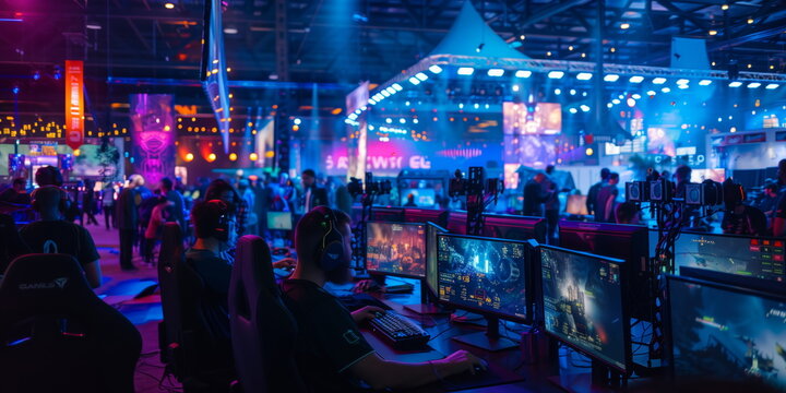 Game expo, world division, gaming industry event or gaming competition amusement, with many live-action players. entertainment conference. hand-edited generative AI. 