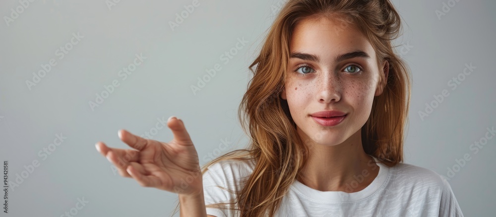 Aufkleber girl showcasing copy space image on palm and pointing at it against a gray background in a panoramic