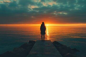 Fototapeta premium A person standing at the edge of a pier, looking out at the water at sunset