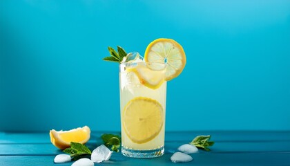 cocktail refreshing lemon drink on summer blue background