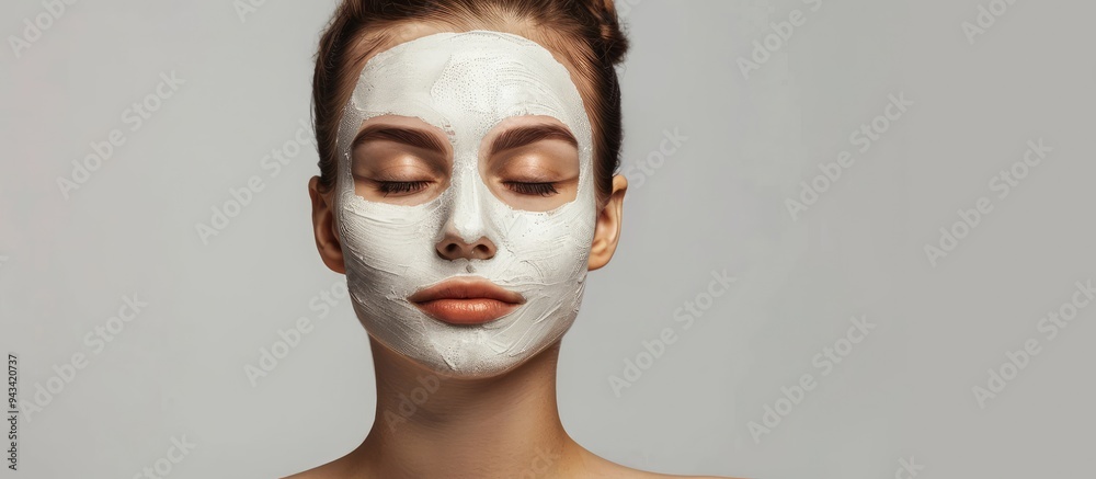Poster a young woman with a facial mask poses against a plain background creating a serene image with copy 