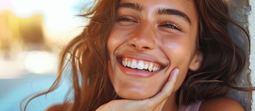 A beautiful young woman is smiling confidently hand on chin representing a virtual coin concept in a photograph with copy space image - Powered by Adobe