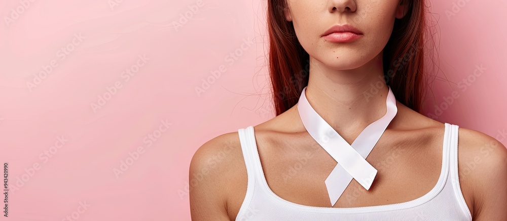 Poster Top down view of a woman wearing a white awareness ribbon on a pink background suitable for adding text with copy space image