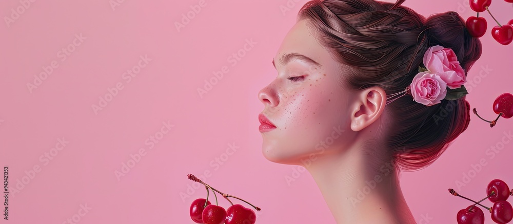 Poster a young woman stands against a pink backdrop holding a hair clasp pin and ripe cherries with an empt