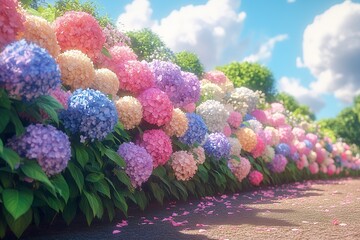 A row of blooming hydrangeas, with clusters of pastel-colored flowers in a garden setting