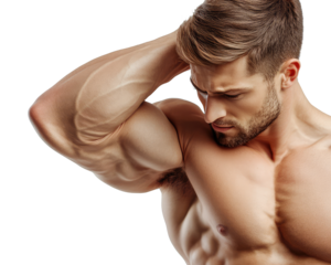 Strong muscular man showing biceps muscles isolated on transparent background