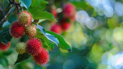 Ripe red rambutan fruit on a tree capture