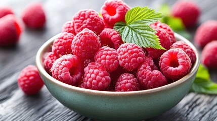 Bowl of Fresh Raspberries with Green Leaf