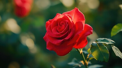 Close-up of a vibrant red rose in full bloom with delicate petals and soft background blur