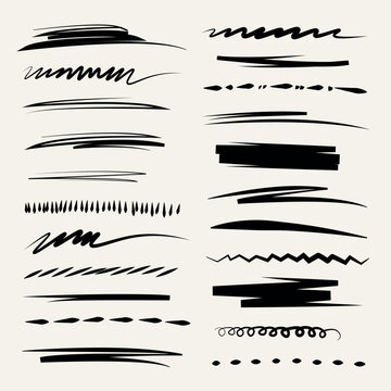 Set of lines, hand drawn, brush strokes. Grunge borders, lines, dots, waves, zig zag lines.