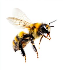 a stunning bee is flying, isolated on white background, macro, incredible pollinator