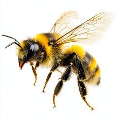 a stunning bee is flying, isolated on white background, macro, incredible pollinator