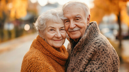 Happy senior couple smiling celebrating with party decorations in background
