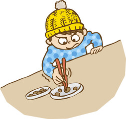 箸で豆をつまむ男の子